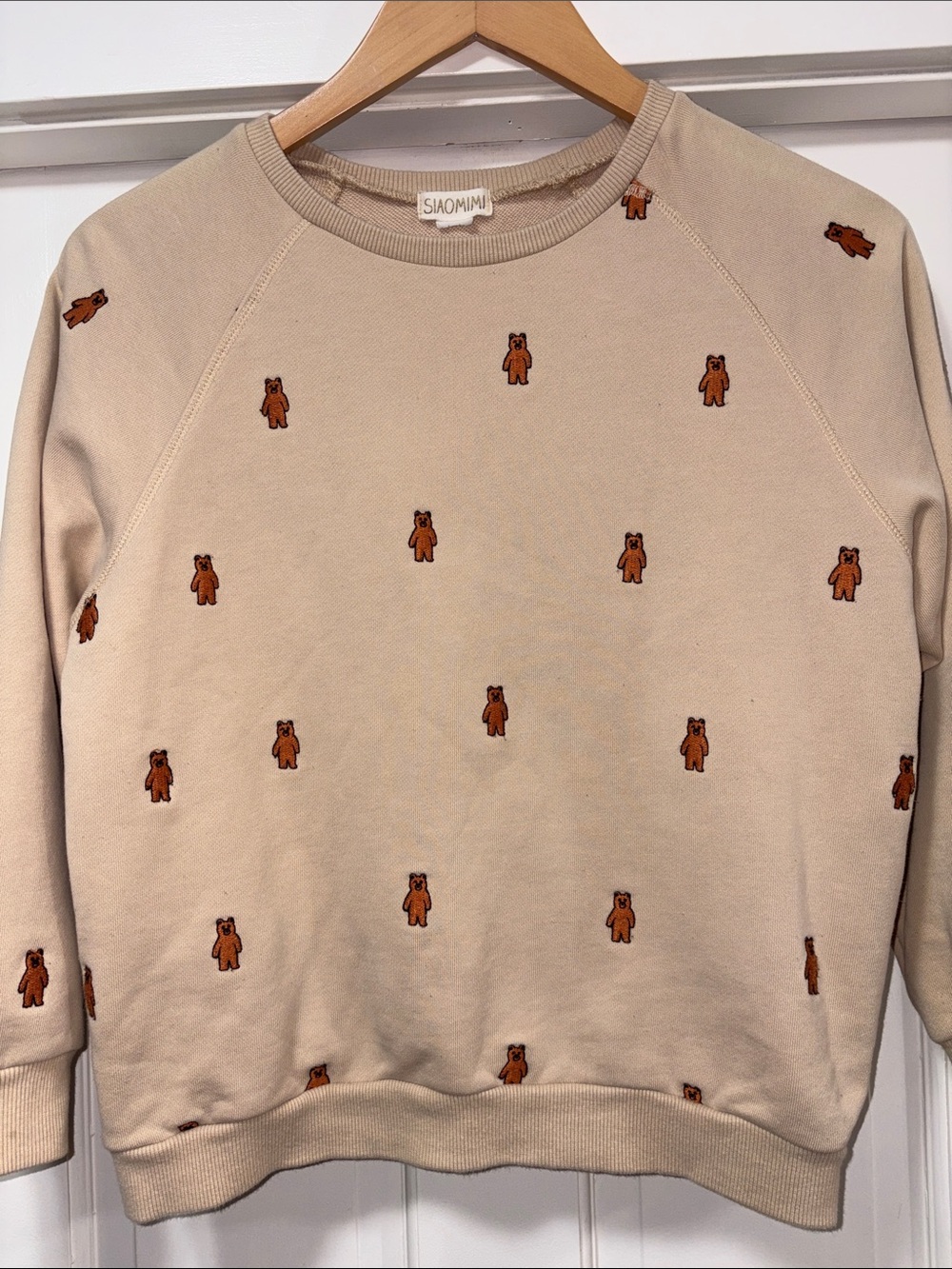 SIAOMIMI Kids Beige Crewneck Sweater with Bear Embroidery